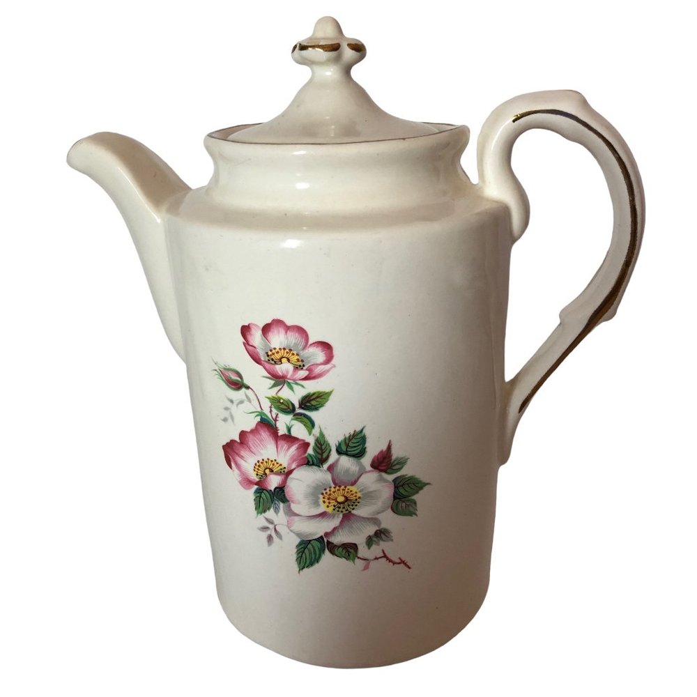 Vintage House of Webster Coffee Tea Pot Briar Rose White Pink Gold Edging 8"